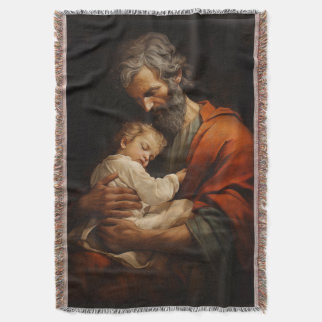St. Joseph and Baby Jesus Religious Catholic Throw Blanket (Front Vertical)
