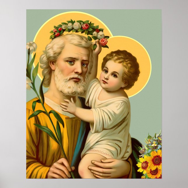 St Joseph and Child Jesus w Crown Flowers Poster (Front)