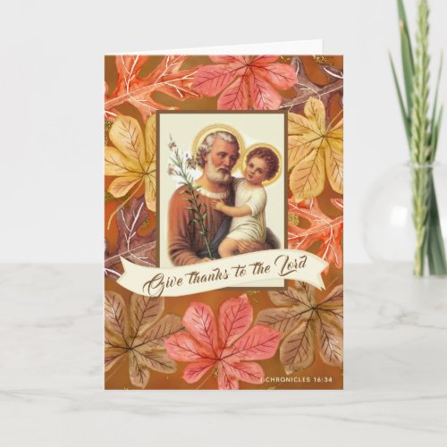 St Joseph Baby Jesus  Thanksgiving  Autumn Leaves Holiday Card