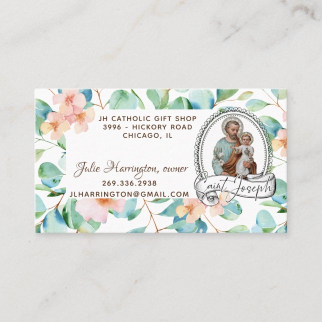 St. Joseph Catholic  Eucalyptus Religious Floral Business Card (Front)