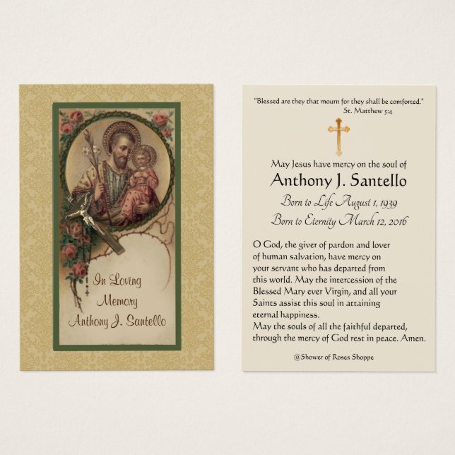 St. Joseph Catholic Funeral Memorial Holy Card - (Front & Back)