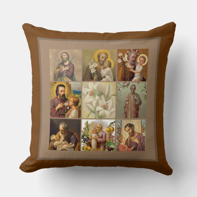 St. Joseph Child Jesus Collage Brown Border Throw Pillow (Front)