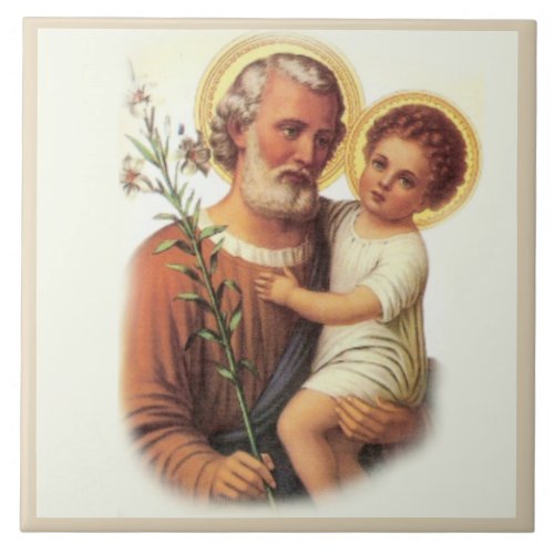 St Joseph Child Jesus Traditional Lilies Ceramic Tile