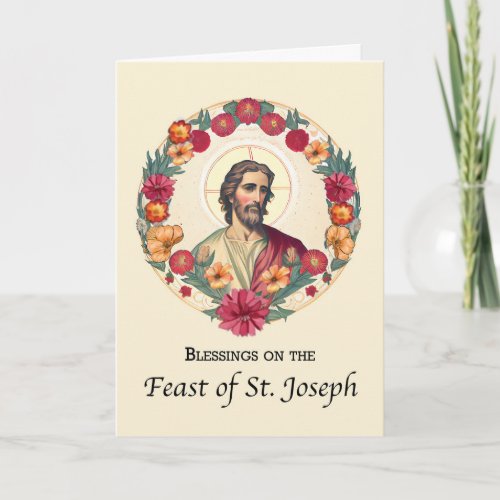 St Joseph Day Blessings in Circle Wreath FloweRS Card