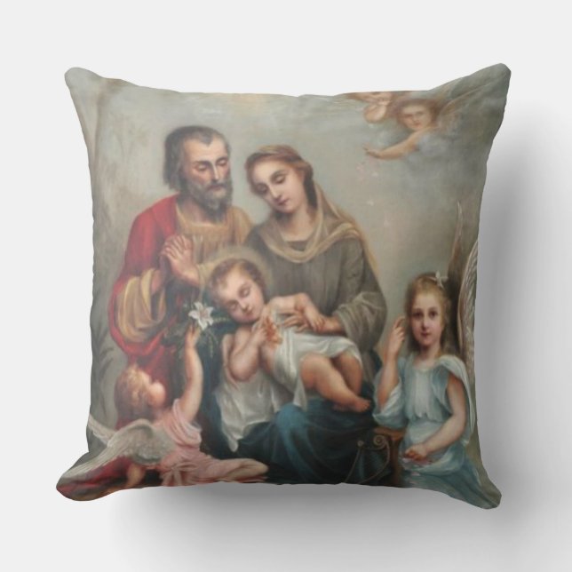 St. Joseph, Mary, Jesus, Angels Throw Pillow (Front)