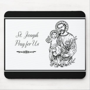 St. Joseph Pray for Us Black, White, Catholic Mouse Pad
