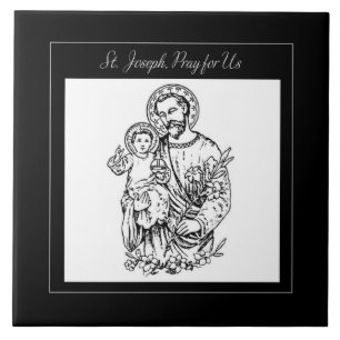 St. Joseph Pray for Us Black, White, Catholic Tile