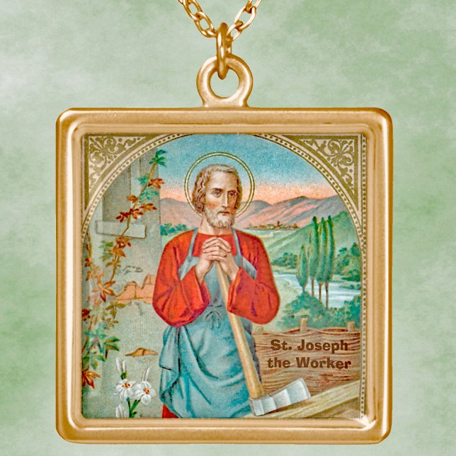 St. Joseph the Worker (BK 31) Square Metal Gold Plated Necklace (Creator Uploaded)