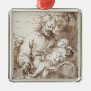 St. Joseph with the Sleeping Christ Child (pen & b Metal Ornament