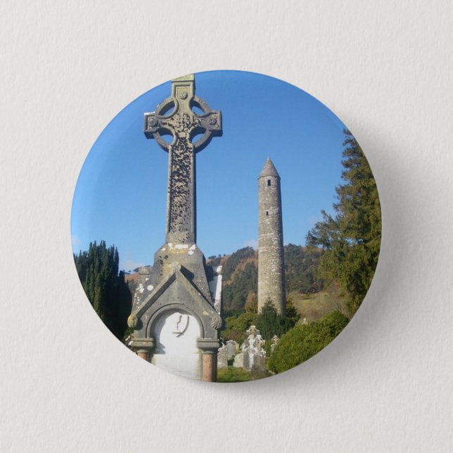 St Kevin's Cross and Round Tower Glendalough Pinback Button (Front)