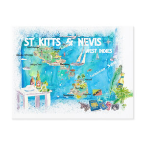 St Kitts Nevis Antilles Illustrated Map Postcard