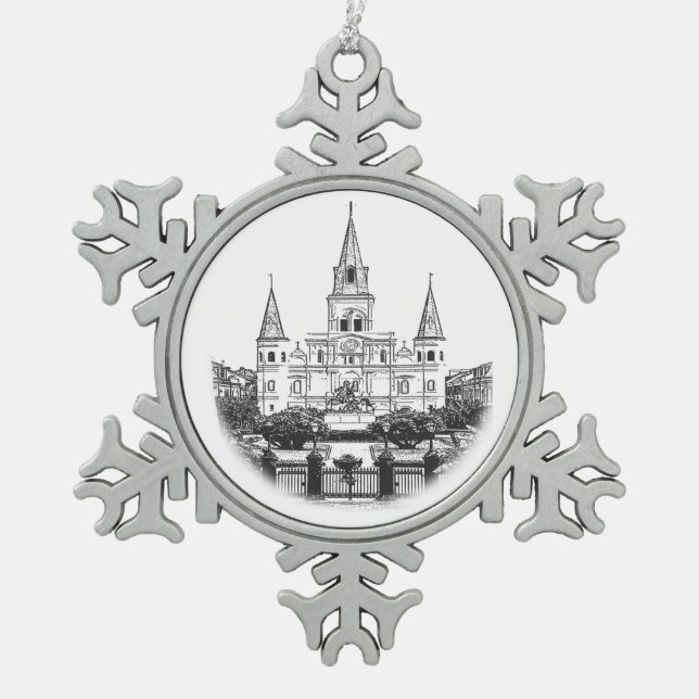 St. Louis Cathedral Sketch Christmas Snowflake Pewter Christmas Ornament (Front)