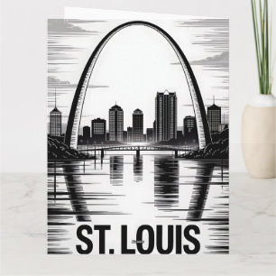 St Louis Missouri Skyline Black White Woodcut Card