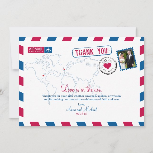 St. Louis Missouri & UK Airmail Wedding Thank You Invitation (Front)