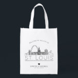 St. Louis, Missouri Wedding | Stylized Skyline Grocery Bag<br><div class="desc">A unique wedding bag for a wedding taking place in the beautiful city of St. Louis,  Missouri.  This bag features a stylized illustration of the city's unique skyline with its name underneath.  This is followed by your wedding day information in a matching open lined style.</div>