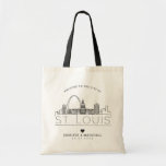 St. Louis, Missouri Wedding | Stylized Skyline Tote Bag<br><div class="desc">A unique wedding tote bag for a wedding taking place in the city of St. Louis,  Missouri. This tote features a stylized illustration of the city's unique skyline with its name underneath.  This is followed by your wedding day information in a matching open lined style.</div>