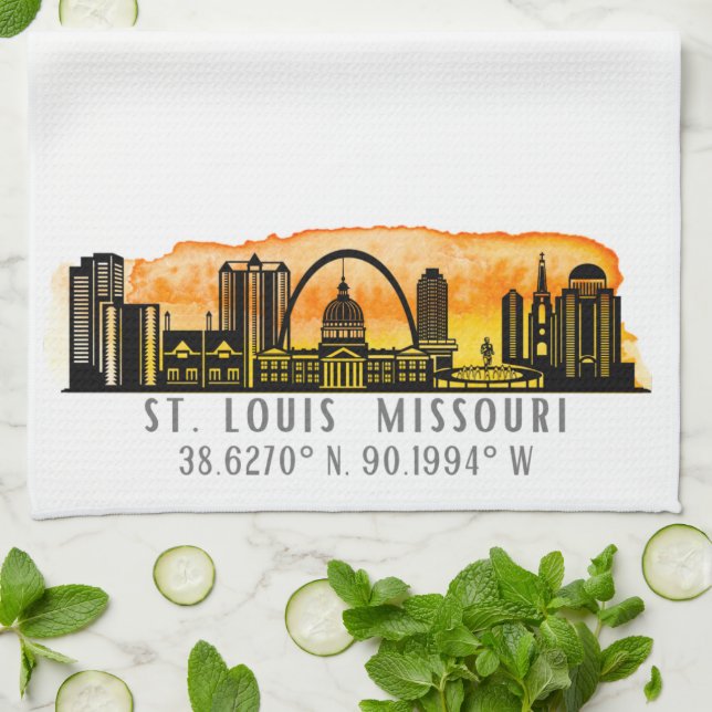 St. Louis Sunset Skyline Map Coordinates  Kitchen Towel (Folded)