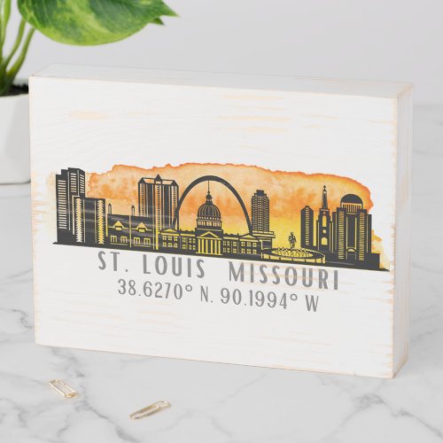 St Louis Sunset Skyline Map Coordinates  Wooden Box Sign