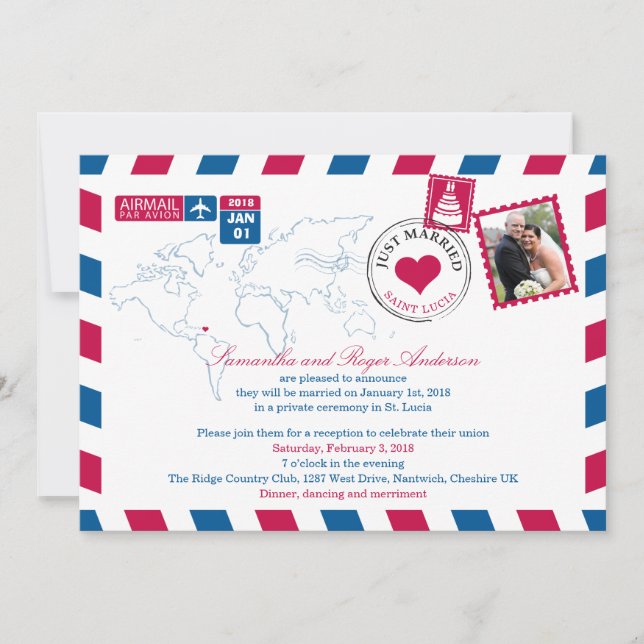 St. Lucia Airmail Post Wedding Reception Invitation (Front)