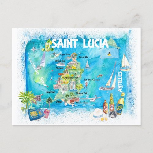 St Lucia Antilles Illustrated Caribbean Travel Map Postcard