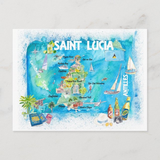 St Lucia Antilles Illustrated Caribbean Travel Map Postcard (Front)