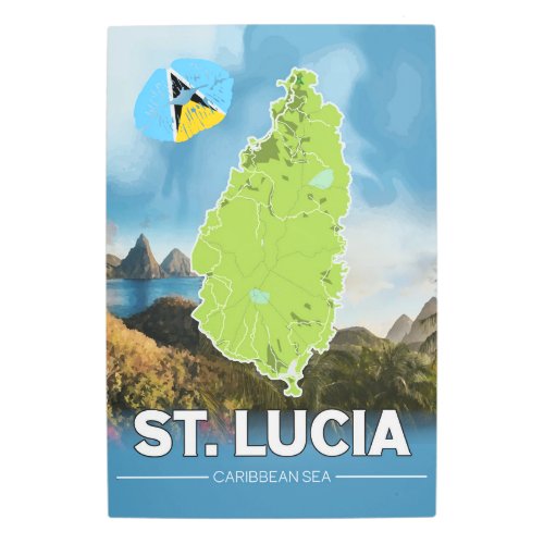 St Lucia Caribbean Sea Map And Watercolor Scenery Metal Print