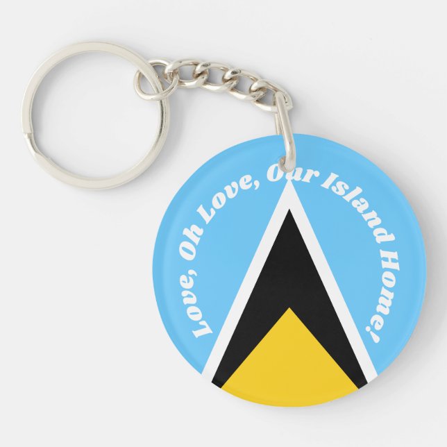 St Lucia Flag Blue Yellow Anthem Phrase Typography Keychain (Front)