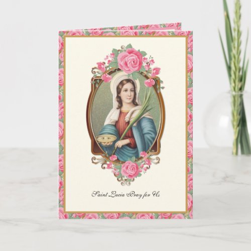 St Lucia Lucy Religious Prayer Pink Roses Card