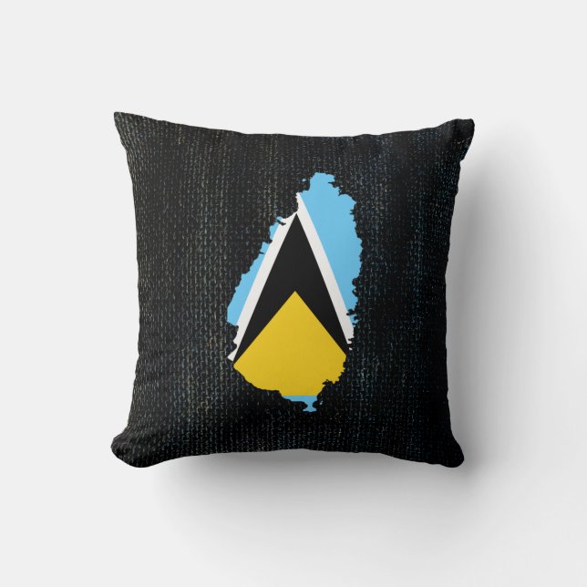 St Lucia Map Flag Burlap designed Throw Pillow (Front)