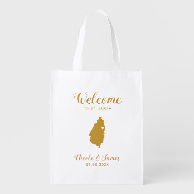 St. Lucia Map Wedding Welcome Tote Bag, Gold (Front)
