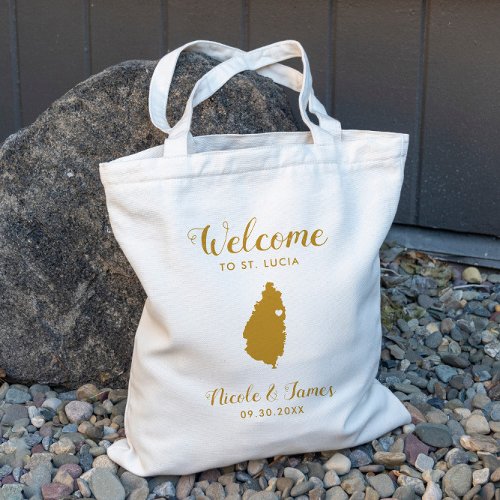 St Lucia Map Wedding Welcome Tote Bag Gold