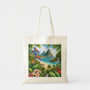 St. Lucia Pitons Tropical Beach and Parrots Tote Bag