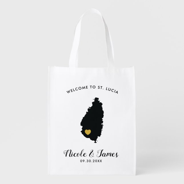 St. Lucia Wedding Welcome Bag Tote, Black and Gold (Front)
