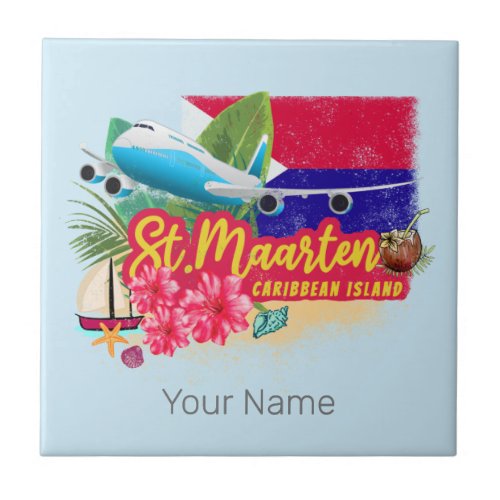 St Maarten Retro Caribbean Vintage Island Plane Ceramic Tile