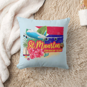 St. Maarten Retro Caribbean Vintage Island Plane Throw Pillow