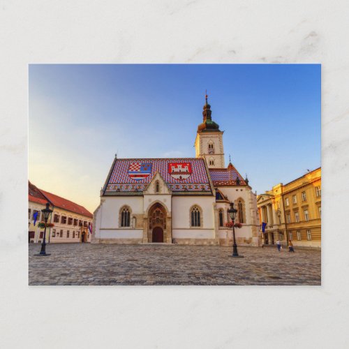 St Marks Church and square by sunset in Zagreb Postcard