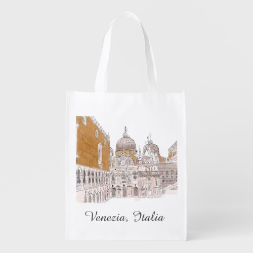 St Marks Square Venice Italy Original Illustration Grocery Bag