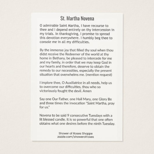 St. Martha 9 week Novena HOLY CARD (Back)