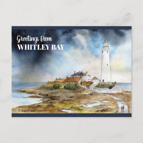 St Mary Lighthouse in Whitley Bay Watercolor Postcard
