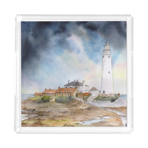St Mary Lighthouse Whitley Bay Watercolour Acrylic Tray