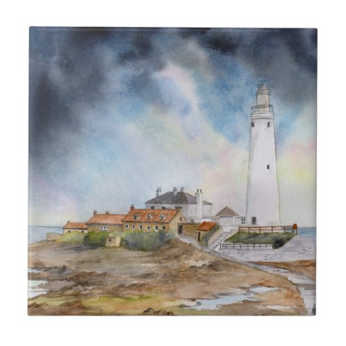 St Mary Lighthouse Whitley Bay Watercolour Ceramic Tile