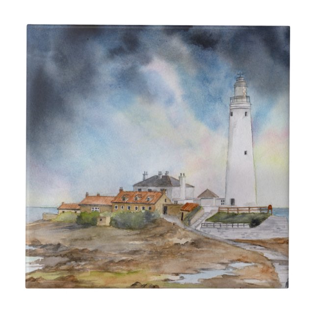 St Mary Lighthouse Whitley Bay Watercolour Ceramic Tile (Front)