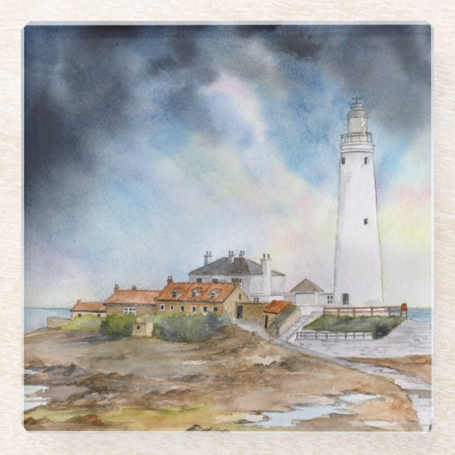 St Mary Lighthouse Whitley Bay Watercolour Glass Coaster (Front)