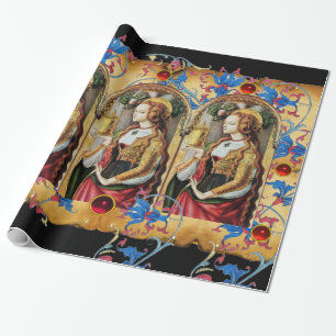 ST MARY MAGDALENE BLUE FLORAL PARCHMENT RED GEMS WRAPPING PAPER