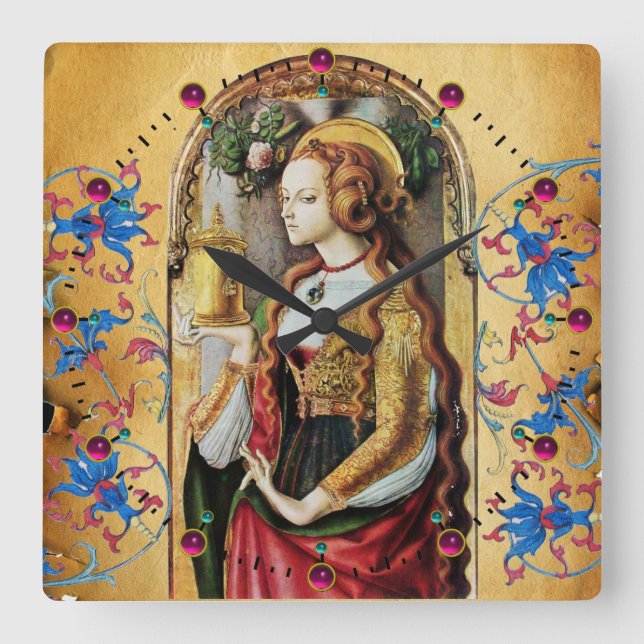 ST MARY MAGDALENE Red Blue Floral Swirls Parchment Square Wall Clock (Front)