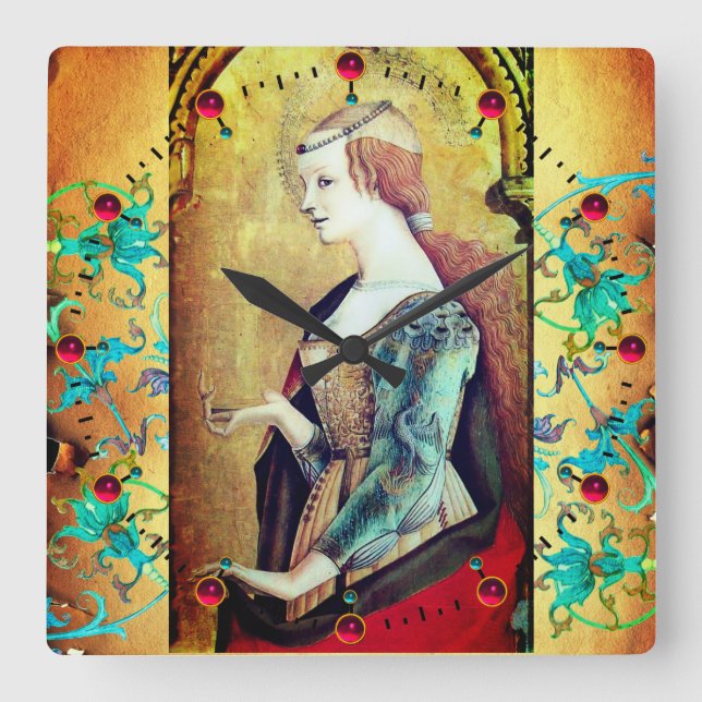 ST MARY MAGDALENE Yellow Blue Floral Swirls Square Wall Clock (Front)