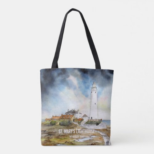 St Marys Lighthouse Whitley Bay Watercolor Tote Bag