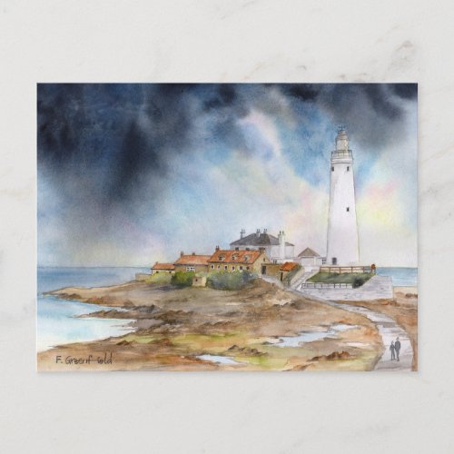 St Marys Lighthouse Whitley Bay Watercolour Postcard