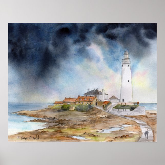 St Marys Lighthouse Whitley Bay Watercolour Poster (Front)