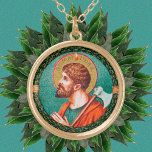 St. Matthias the Apostle (JMAS 09) Round Gold Plated Necklace<br><div class="desc">St. Matthias (1st century) was chosen by lot in the interim between the Ascension and Pentecost to replace Judas Iscariot as an Apostle. Traditions vary somewhat about his post-selection ministry but agree that he suffered martyrdom. Here, he shoulders an axe as its instrument; in other representations, he may carry a...</div>